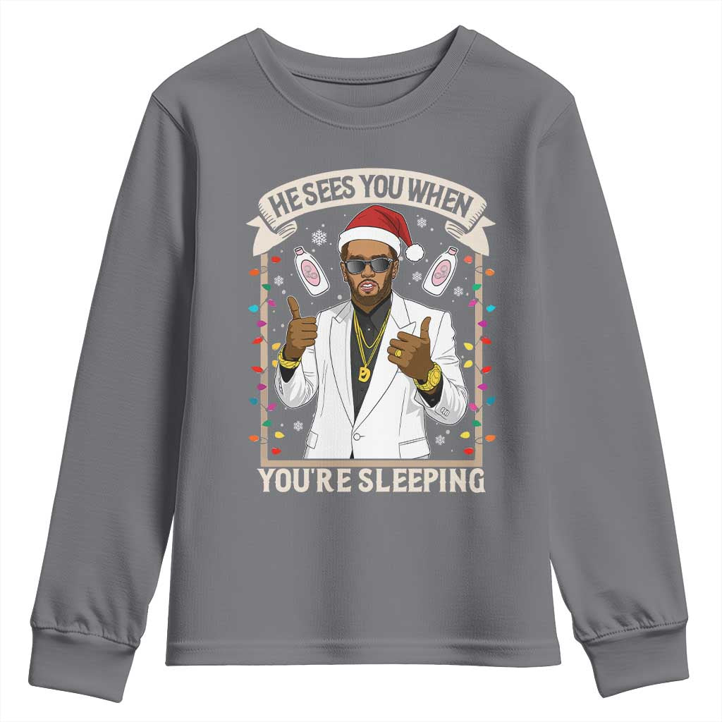 Funny Christmas Diddy Youth Sweatshirt He Sees You When Youre Sleeping Dirty Xmas Lights - Wonder Print Shop