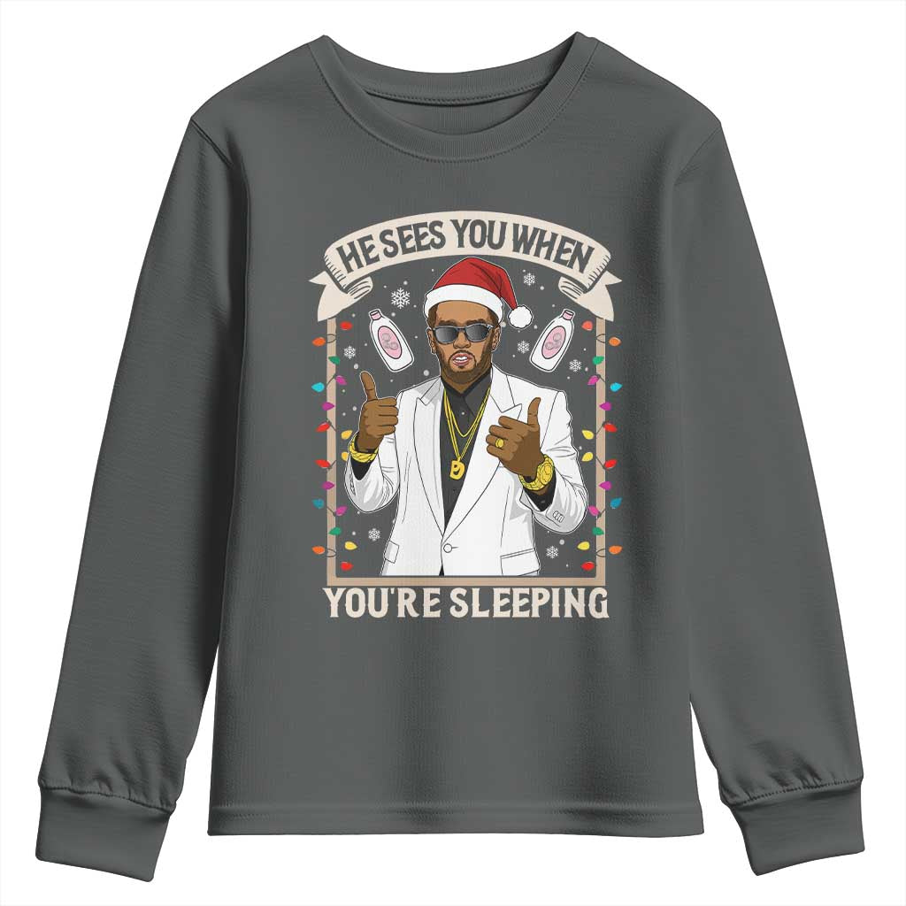 Funny Christmas Diddy Youth Sweatshirt He Sees You When Youre Sleeping Dirty Xmas Lights - Wonder Print Shop