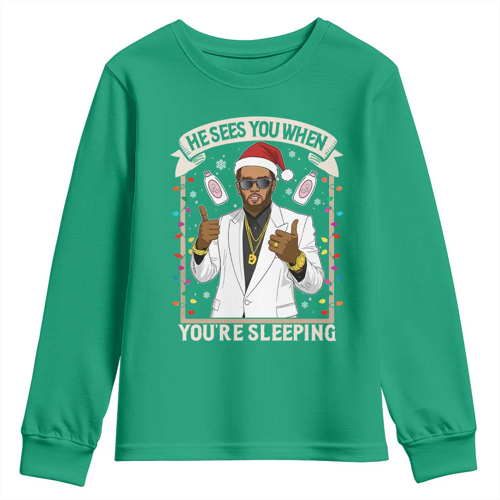 Funny Christmas Diddy Youth Sweatshirt He Sees You When Youre Sleeping Dirty Xmas Lights - Wonder Print Shop