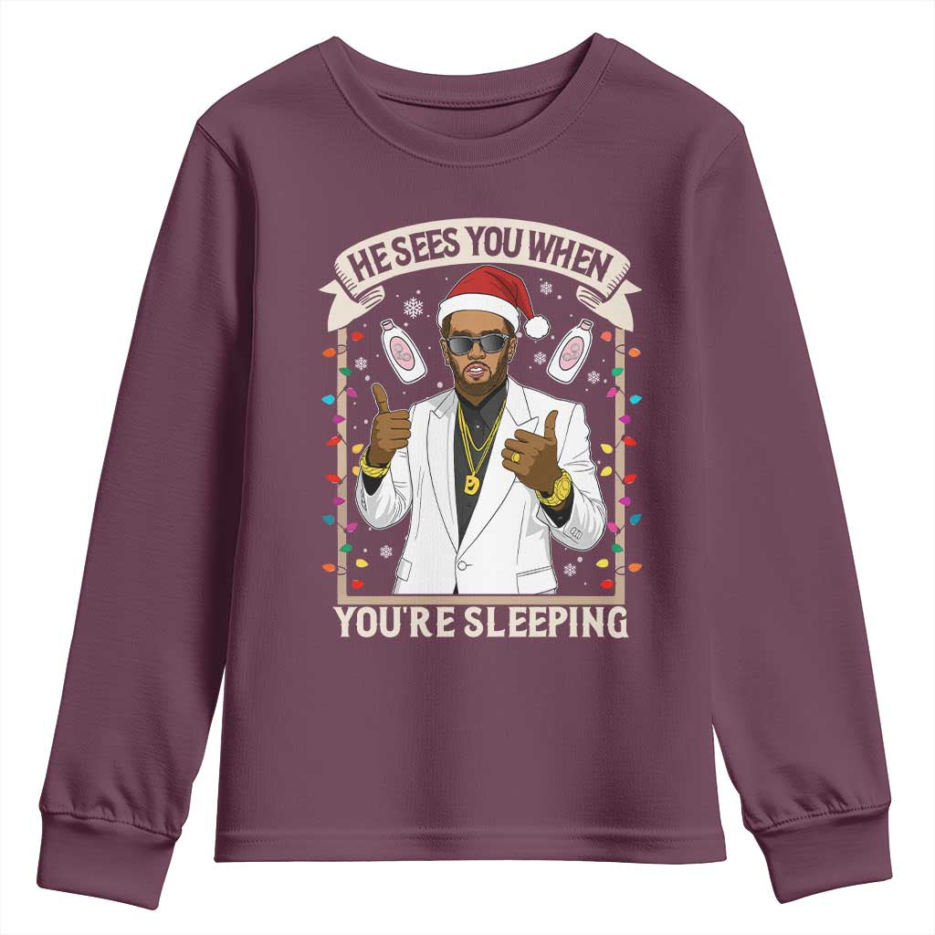 Funny Christmas Diddy Youth Sweatshirt He Sees You When Youre Sleeping Dirty Xmas Lights - Wonder Print Shop