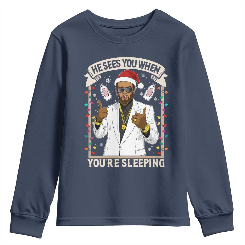 Funny Christmas Diddy Youth Sweatshirt He Sees You When Youre Sleeping Dirty Xmas Lights - Wonder Print Shop