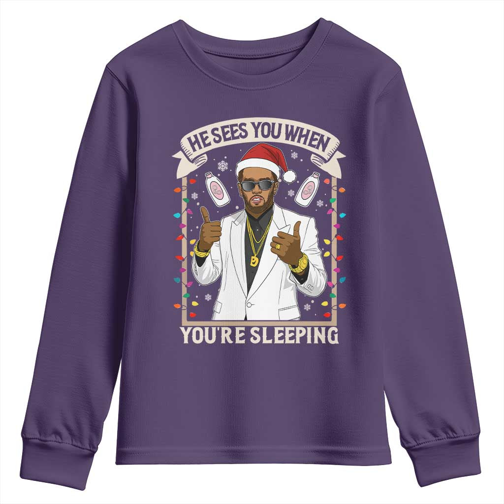 Funny Christmas Diddy Youth Sweatshirt He Sees You When Youre Sleeping Dirty Xmas Lights - Wonder Print Shop