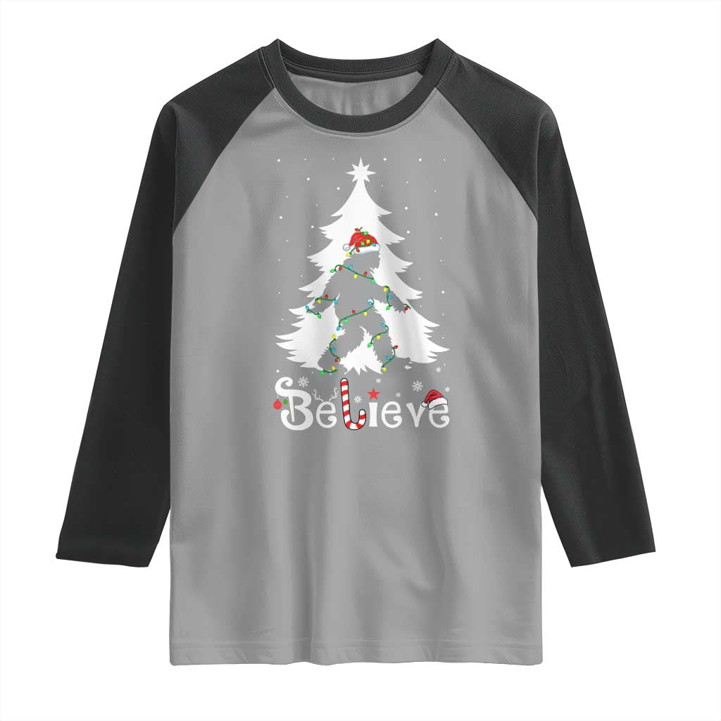 Bigfoot Christmas Raglan Shirt Santa Bigfoot Xmas Tree Funny Sasquatch Yeti - Wonder Print Shop