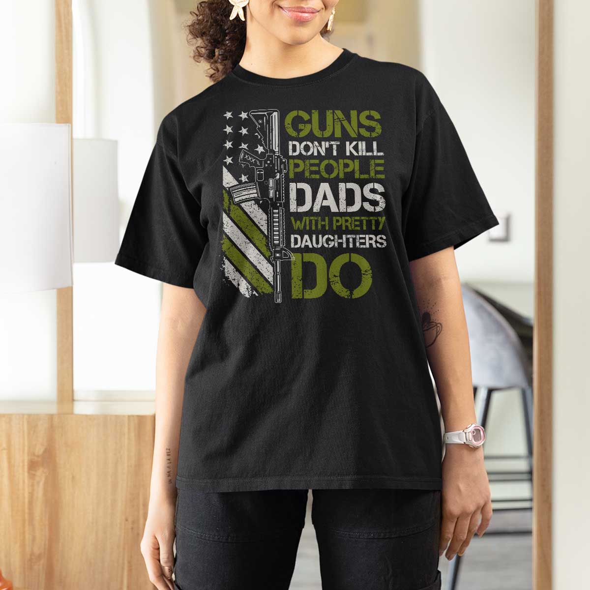 Funny Girl Dad T Shirt For Women Guns Dont Kill People Dads with Pretty Daughters Do US Flag - Wonder Print Shop