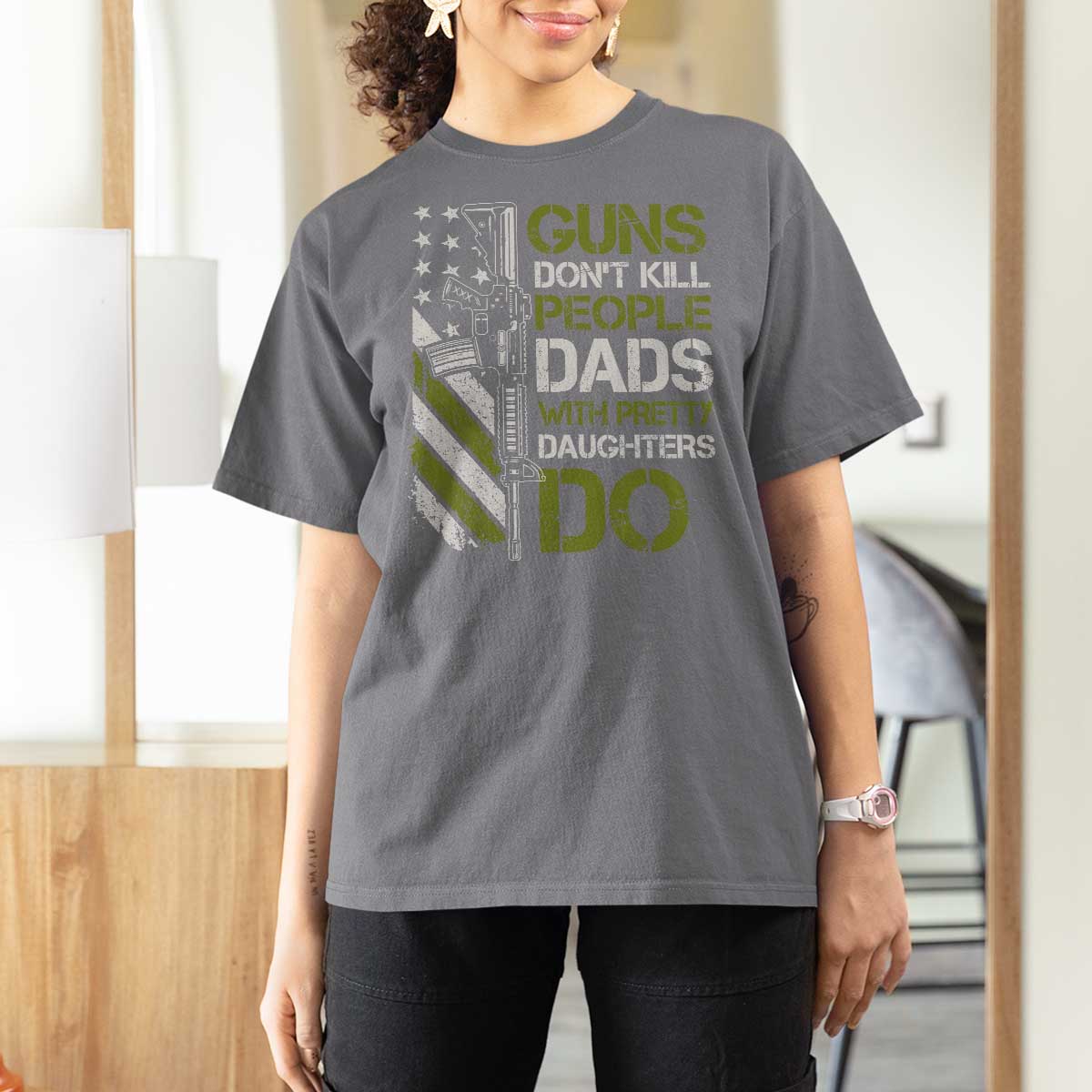 Funny Girl Dad T Shirt For Women Guns Dont Kill People Dads with Pretty Daughters Do US Flag - Wonder Print Shop