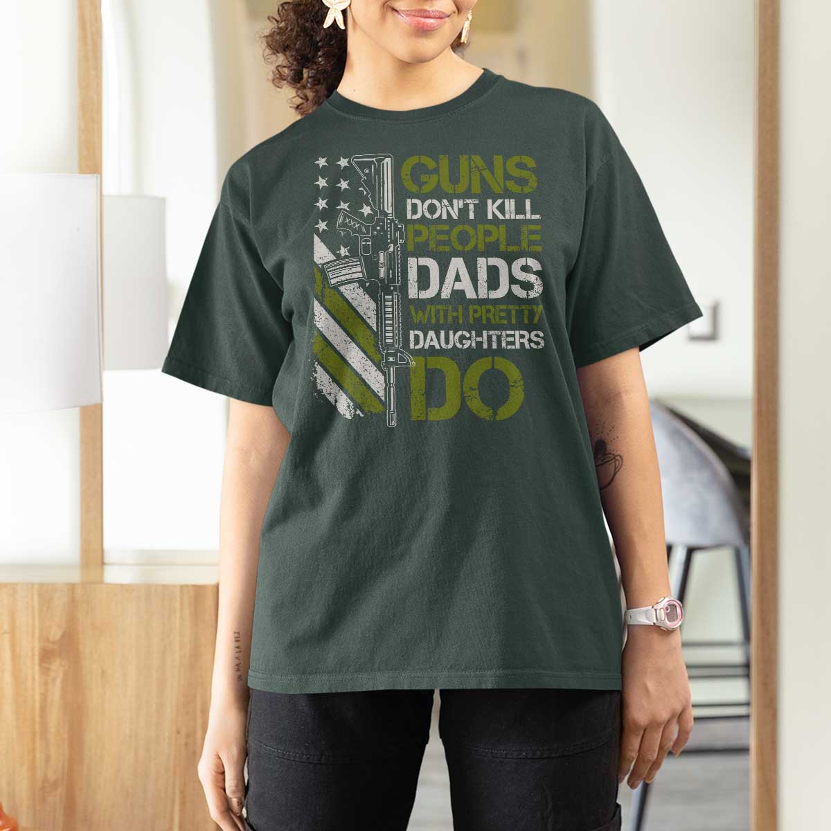 Funny Girl Dad T Shirt For Women Guns Dont Kill People Dads with Pretty Daughters Do US Flag - Wonder Print Shop