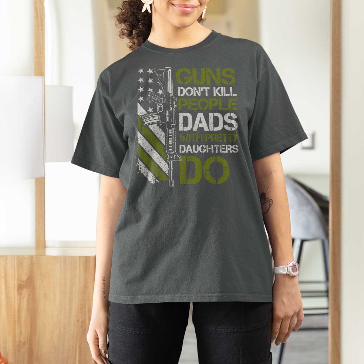 Funny Girl Dad T Shirt For Women Guns Dont Kill People Dads with Pretty Daughters Do US Flag - Wonder Print Shop