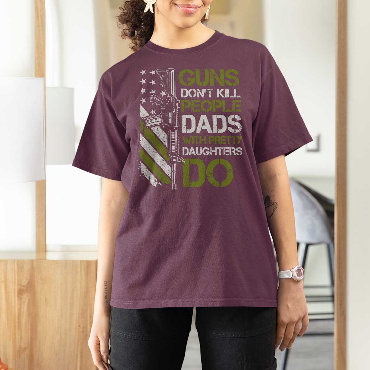 Funny Girl Dad T Shirt For Women Guns Dont Kill People Dads with Pretty Daughters Do US Flag - Wonder Print Shop
