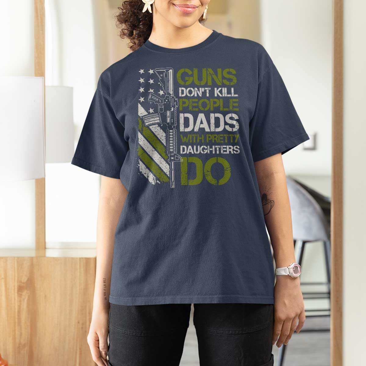 Funny Girl Dad T Shirt For Women Guns Dont Kill People Dads with Pretty Daughters Do US Flag - Wonder Print Shop