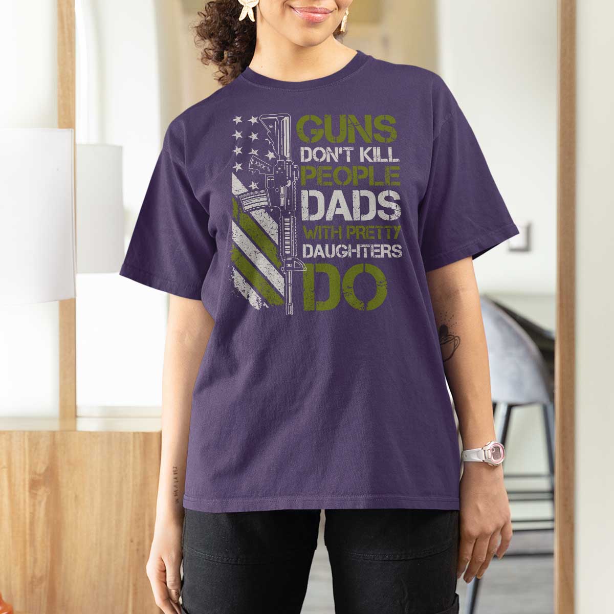 Funny Girl Dad T Shirt For Women Guns Dont Kill People Dads with Pretty Daughters Do US Flag - Wonder Print Shop