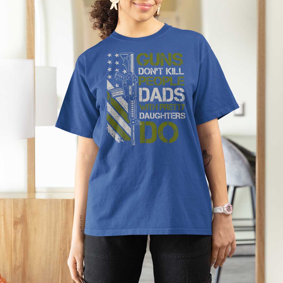 Funny Girl Dad T Shirt For Women Guns Dont Kill People Dads with Pretty Daughters Do US Flag - Wonder Print Shop