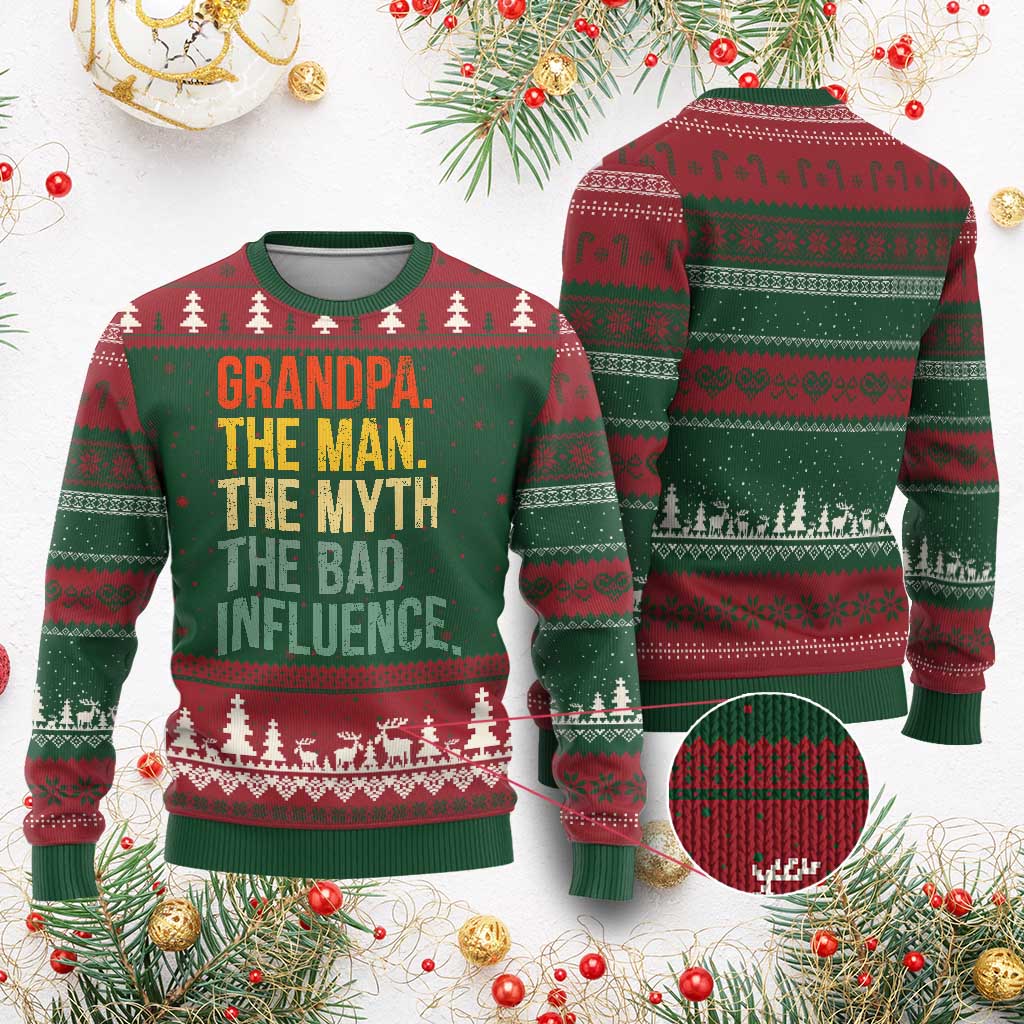Funny Grandpa Ugly Christmas Sweater Retro Man Myth Bad Influence Best Funny Fathers Day - Wonder Print Shop