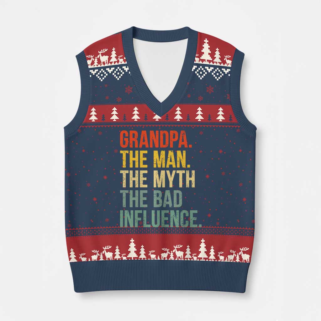 Funny Grandpa V-Neck Knit Sweater Vest Retro Man Myth Bad Influence Best Funny Fathers Day - Wonder Print Shop