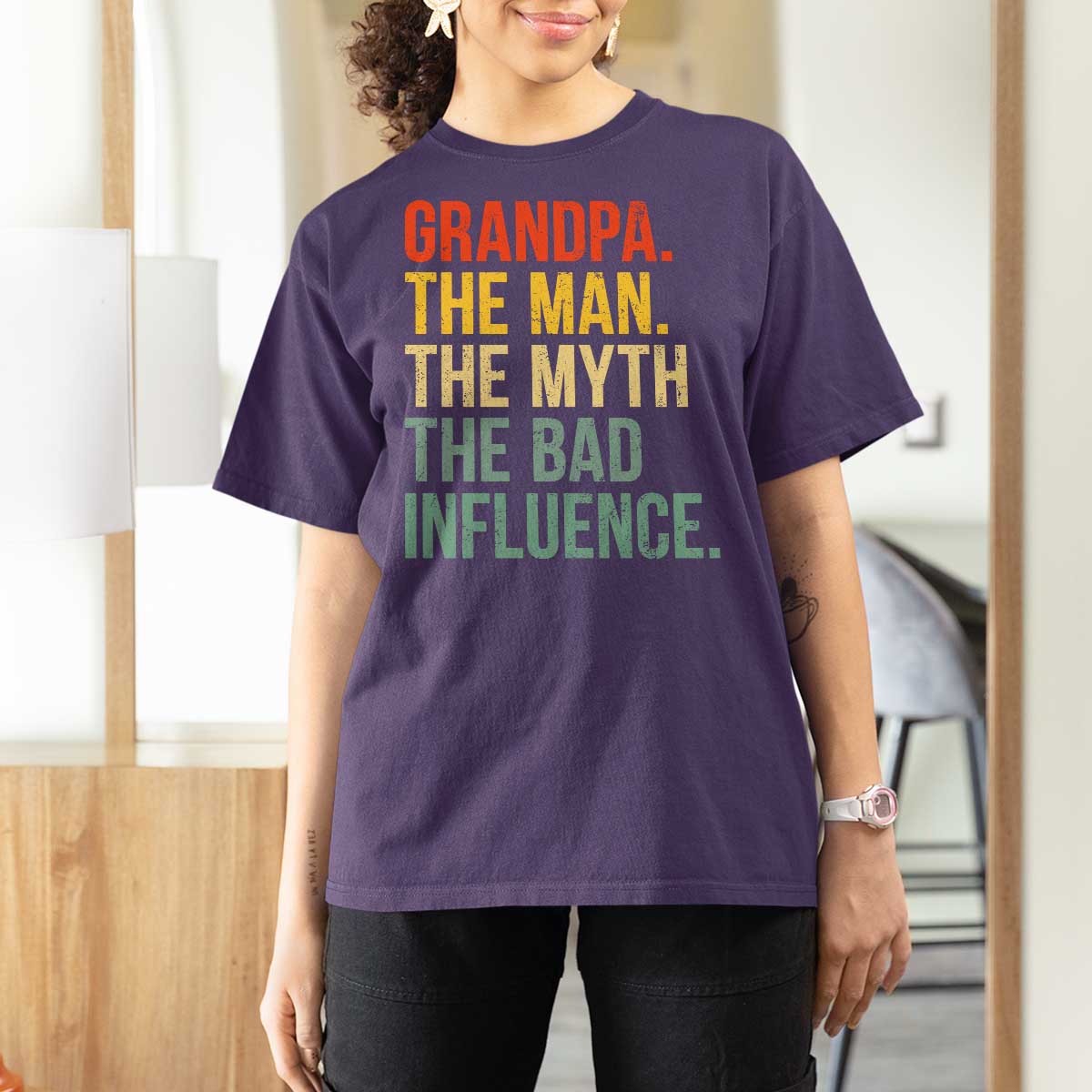Funny Grandpa T Shirt For Women Retro Man Myth Bad Influence Best Funny Fathers Day - Wonder Print Shop