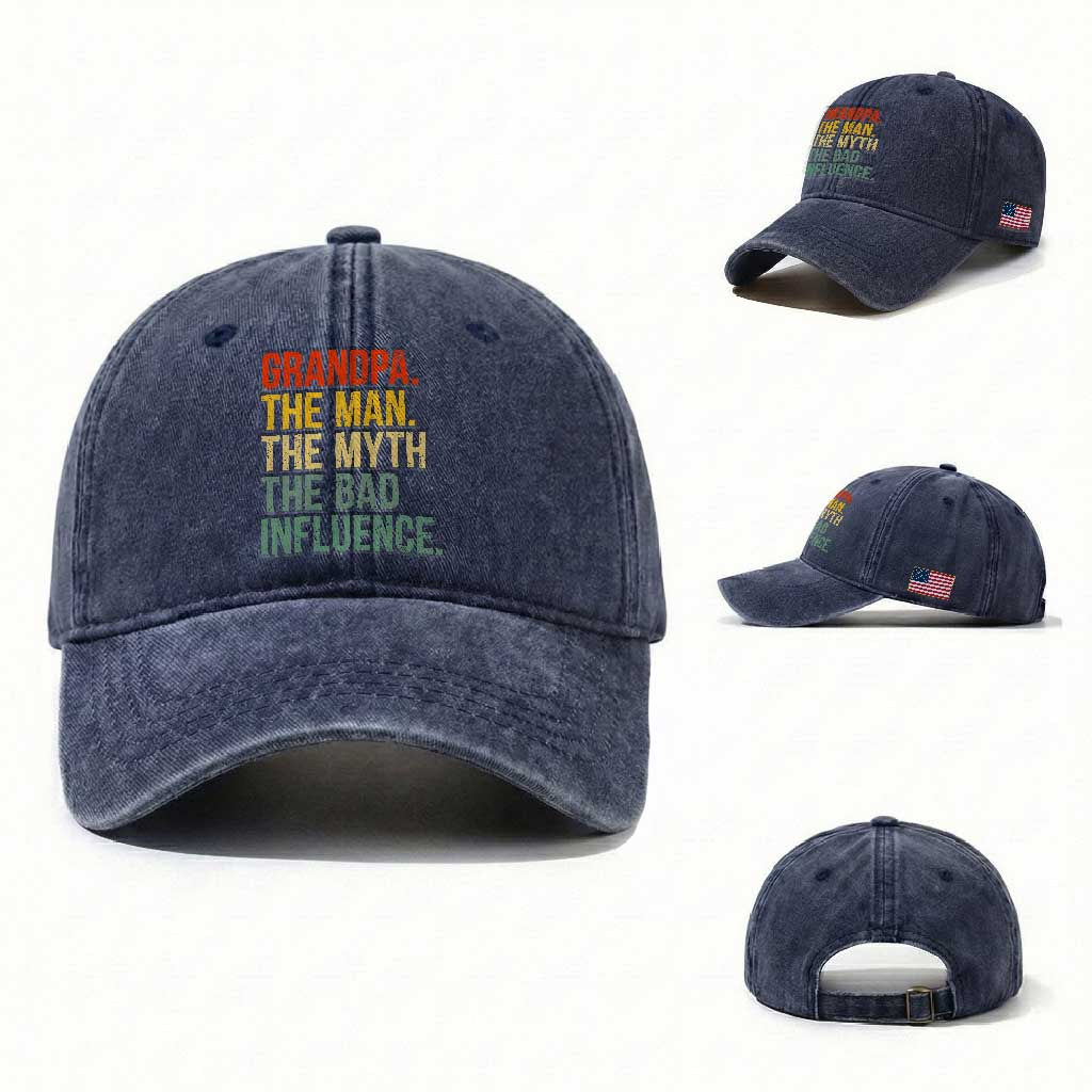 Funny Grandpa Washed Cotton Baseball Cap Retro Man Myth Bad Influence Best Funny Fathers Day