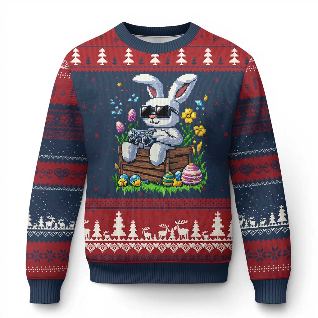 Gamer Rabbit Ugly Christmas Sweater Cute Bunny Gaming Eggs Video Games Easter Pixel Garden - Wonder Print Shop