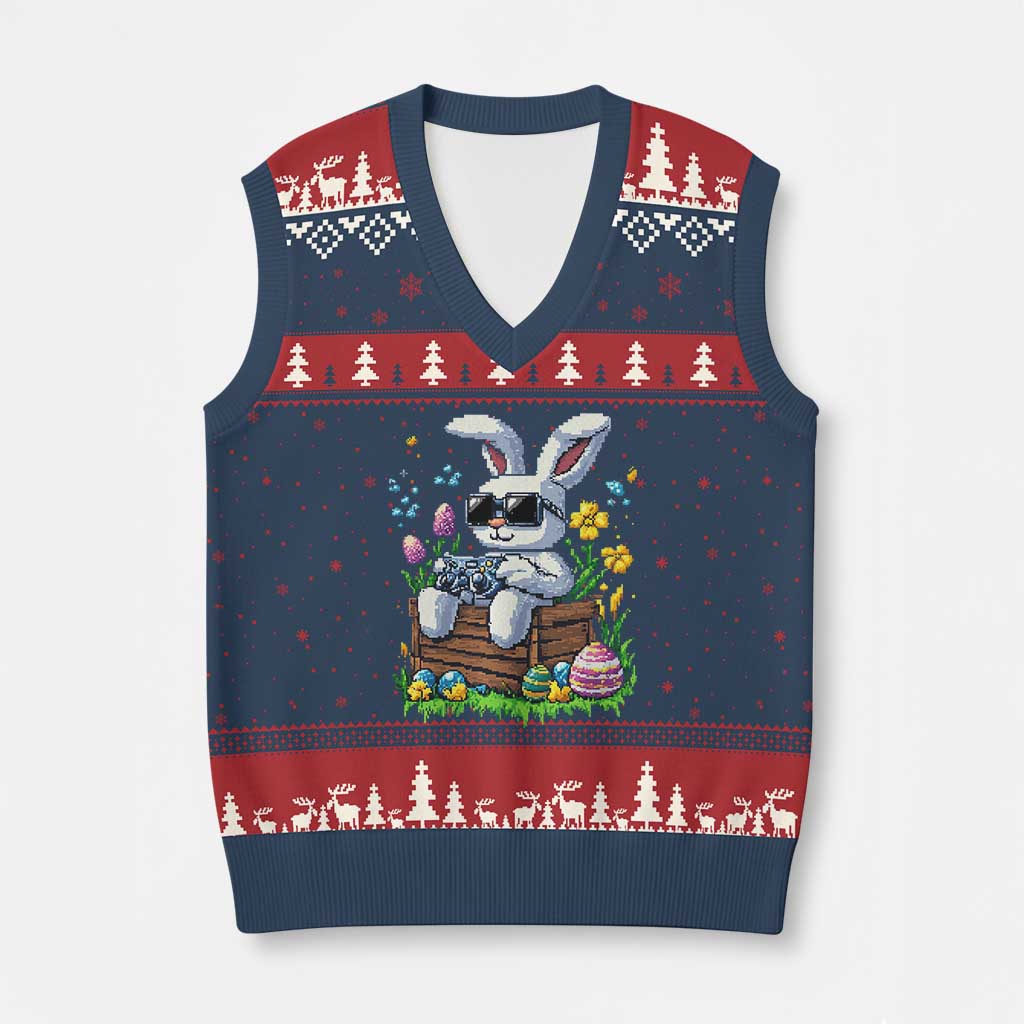 Gamer Rabbit V-Neck Knit Sweater Vest Cute Bunny Gaming Eggs Video Games Easter Pixel Garden - Wonder Print Shop