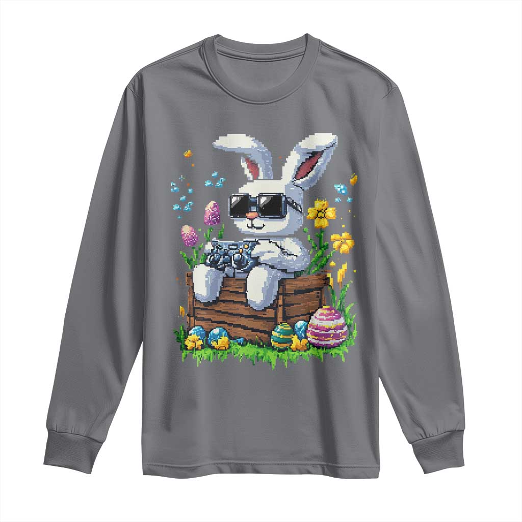 Gamer Rabbit Long Sleeve Shirt Cute Bunny Gaming Eggs Video Games Easter Pixel Garden - Wonder Print Shop