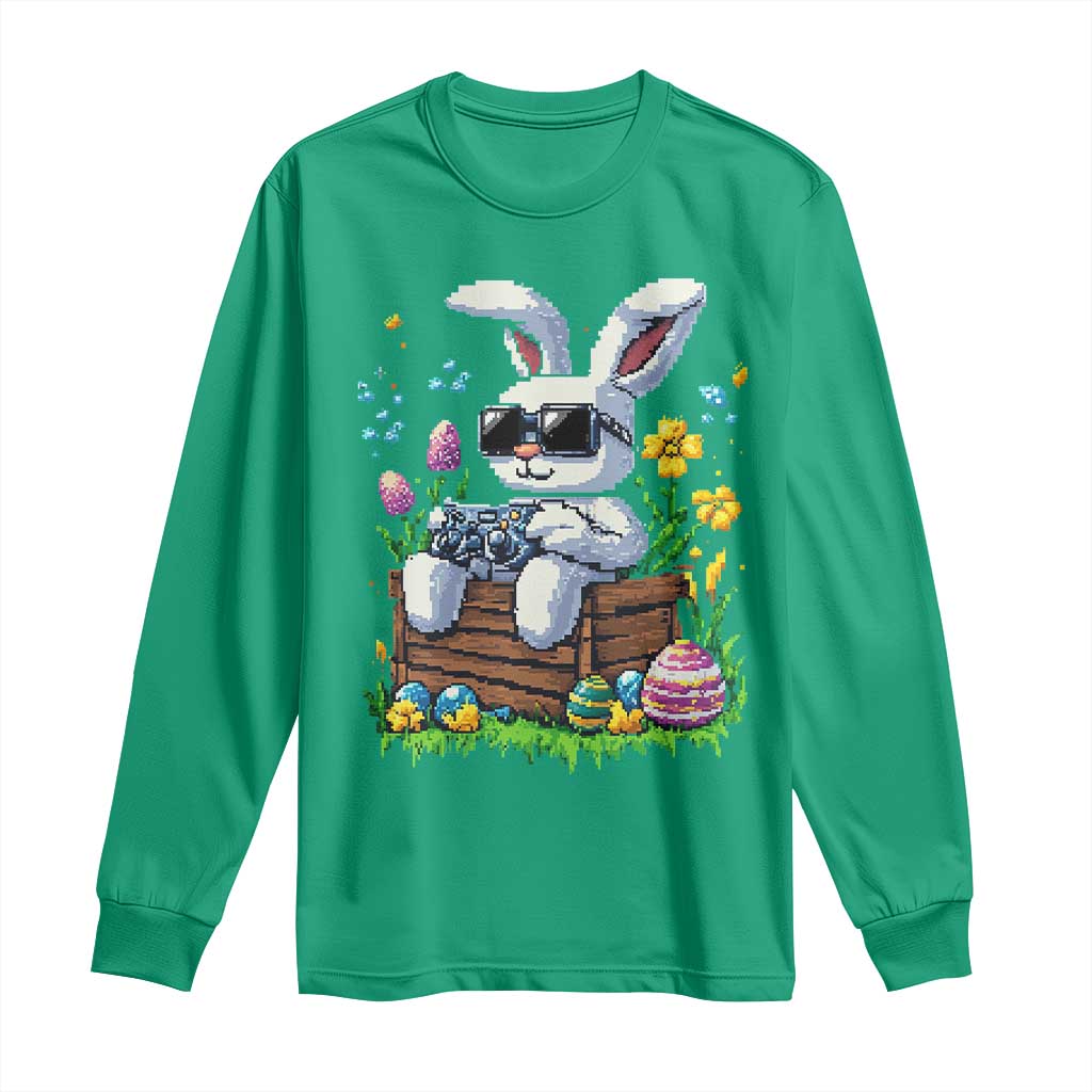 Gamer Rabbit Long Sleeve Shirt Cute Bunny Gaming Eggs Video Games Easter Pixel Garden - Wonder Print Shop