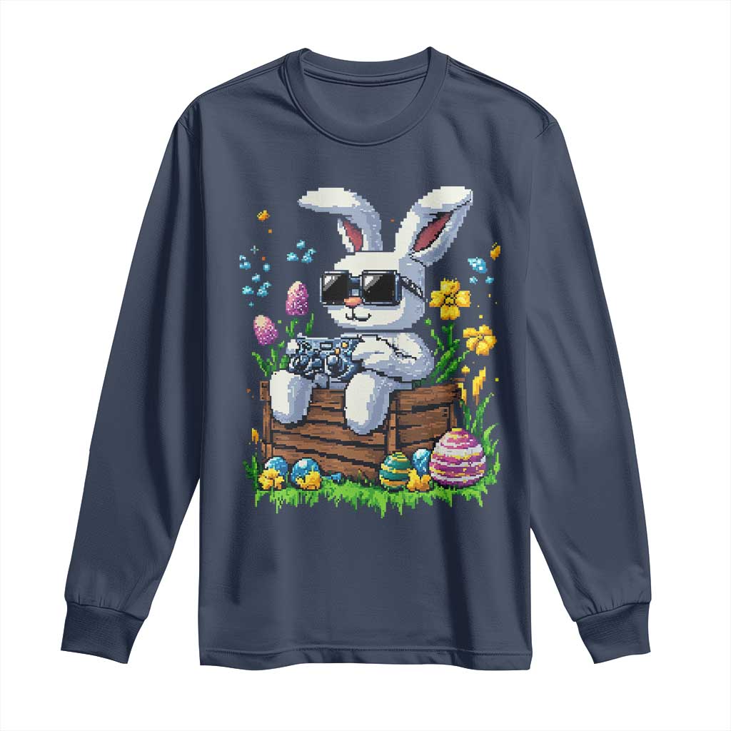 Gamer Rabbit Long Sleeve Shirt Cute Bunny Gaming Eggs Video Games Easter Pixel Garden - Wonder Print Shop