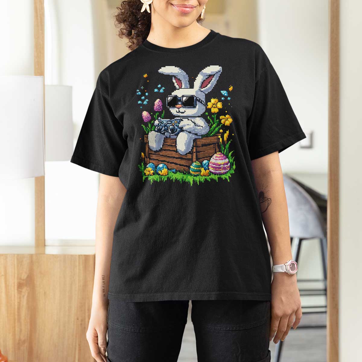 Gamer Rabbit T Shirt For Women Cute Bunny Gaming Eggs Video Games Easter Pixel Garden - Wonder Print Shop
