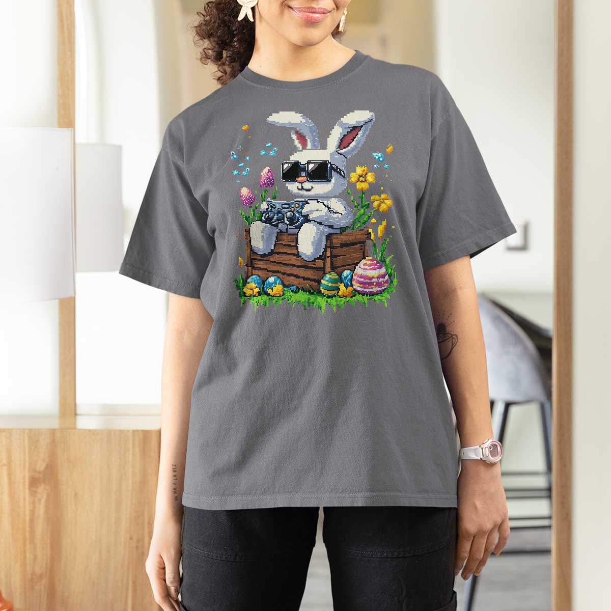 Gamer Rabbit T Shirt For Women Cute Bunny Gaming Eggs Video Games Easter Pixel Garden - Wonder Print Shop