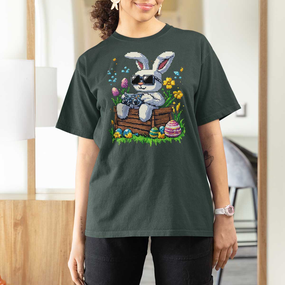 Gamer Rabbit T Shirt For Women Cute Bunny Gaming Eggs Video Games Easter Pixel Garden - Wonder Print Shop