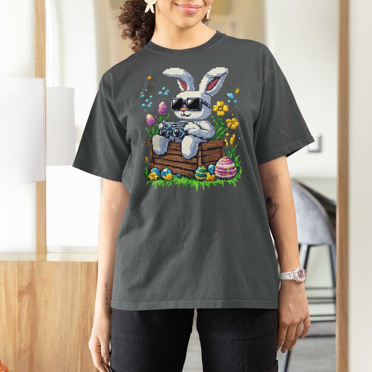 Gamer Rabbit T Shirt For Women Cute Bunny Gaming Eggs Video Games Easter Pixel Garden - Wonder Print Shop
