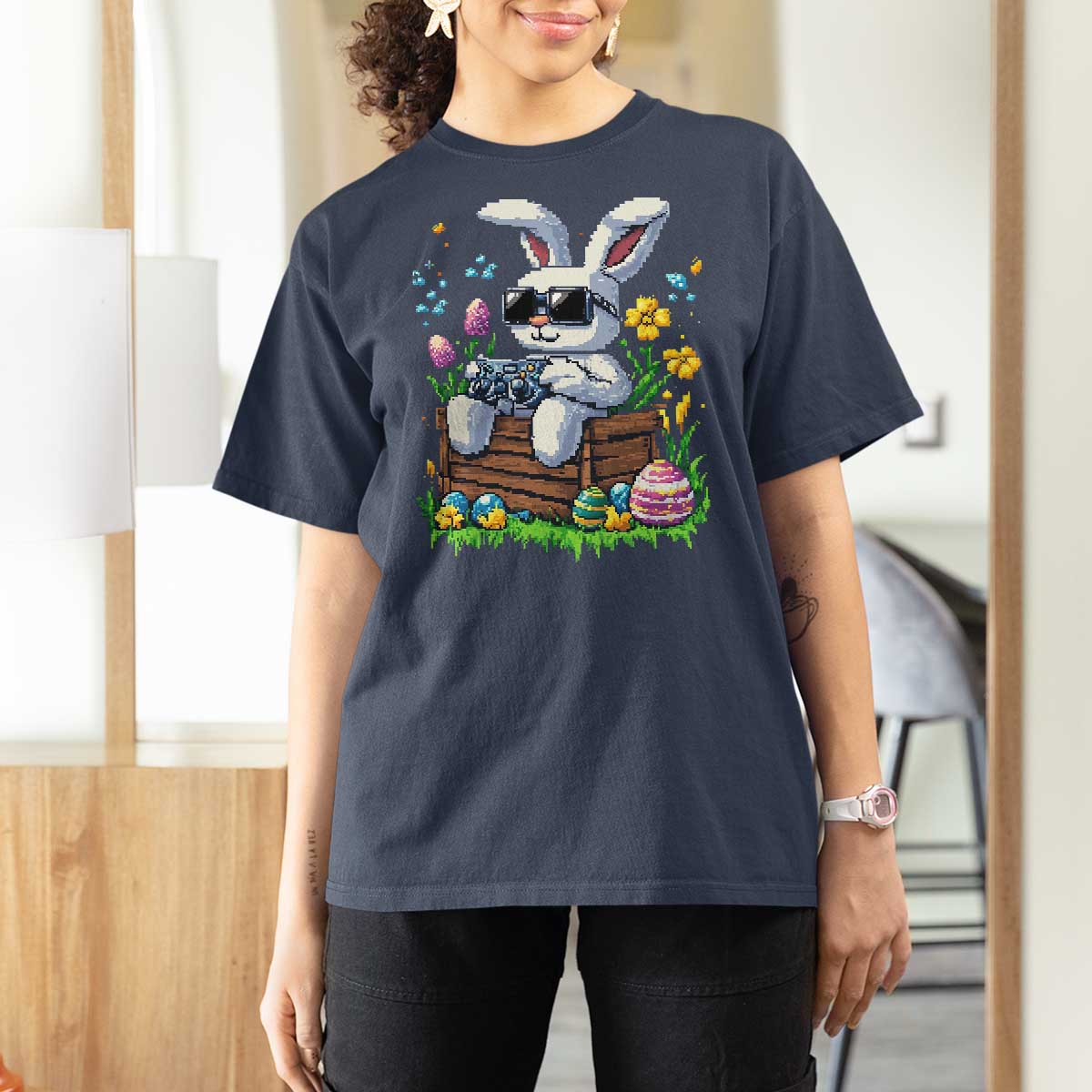 Gamer Rabbit T Shirt For Women Cute Bunny Gaming Eggs Video Games Easter Pixel Garden - Wonder Print Shop