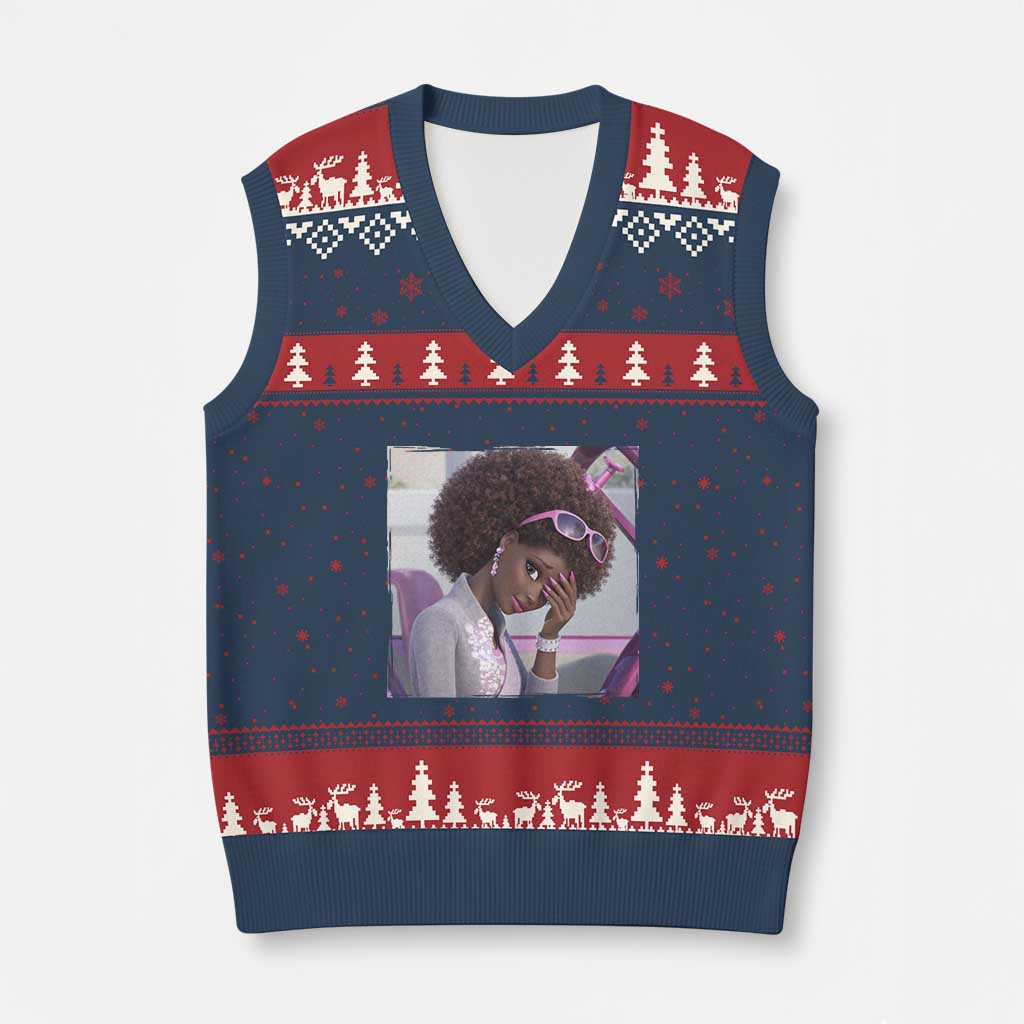 Disgusted Black Doll Meme V-Neck Knit Sweater Vest Funny Sassy Reaction Afro Girl With Attitude