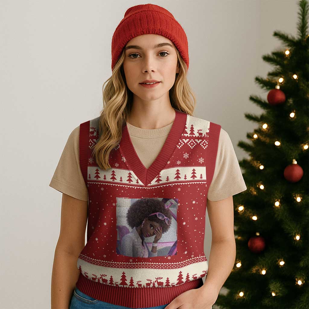 Disgusted Black Doll Meme V-Neck Knit Sweater Vest Funny Sassy Reaction Afro Girl With Attitude