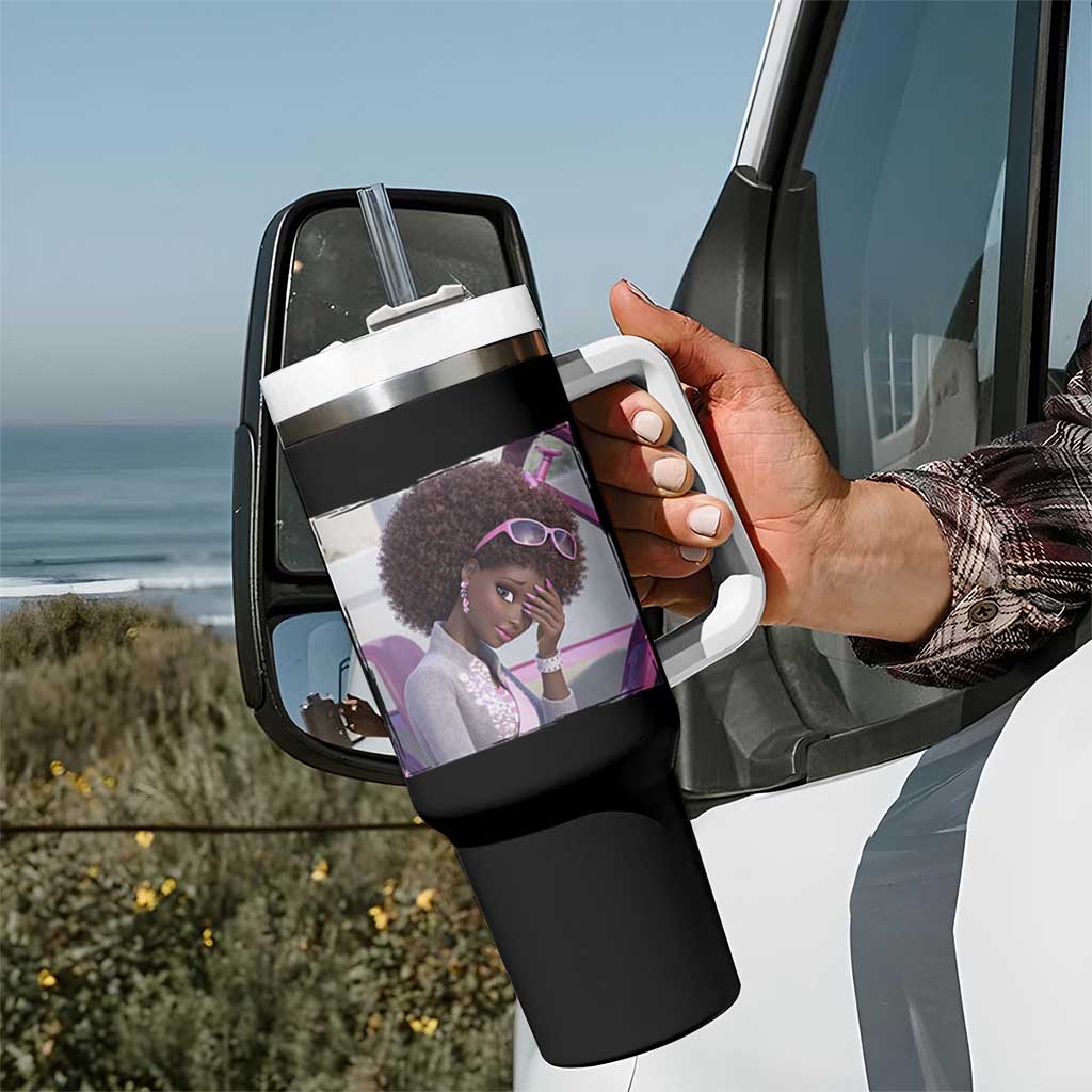 Disgusted Black Doll Meme Tumbler With Handle Funny Sassy Reaction Afro Girl With Attitude