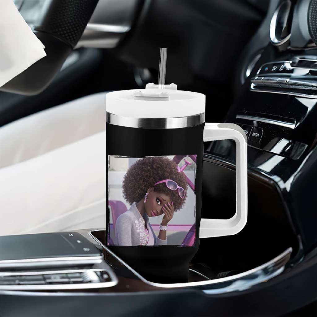 Disgusted Black Doll Meme Tumbler With Handle Funny Sassy Reaction Afro Girl With Attitude
