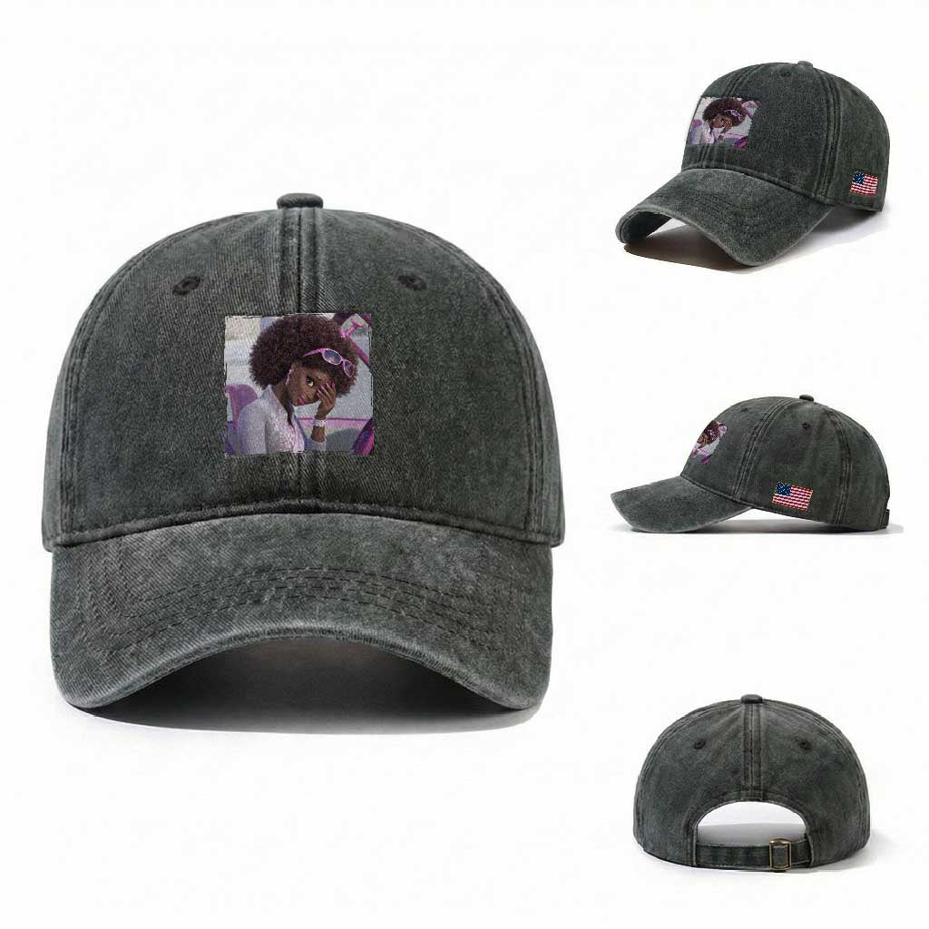 Disgusted Black Doll Meme Washed Cotton Baseball Cap Funny Sassy Reaction Afro Girl With Attitude