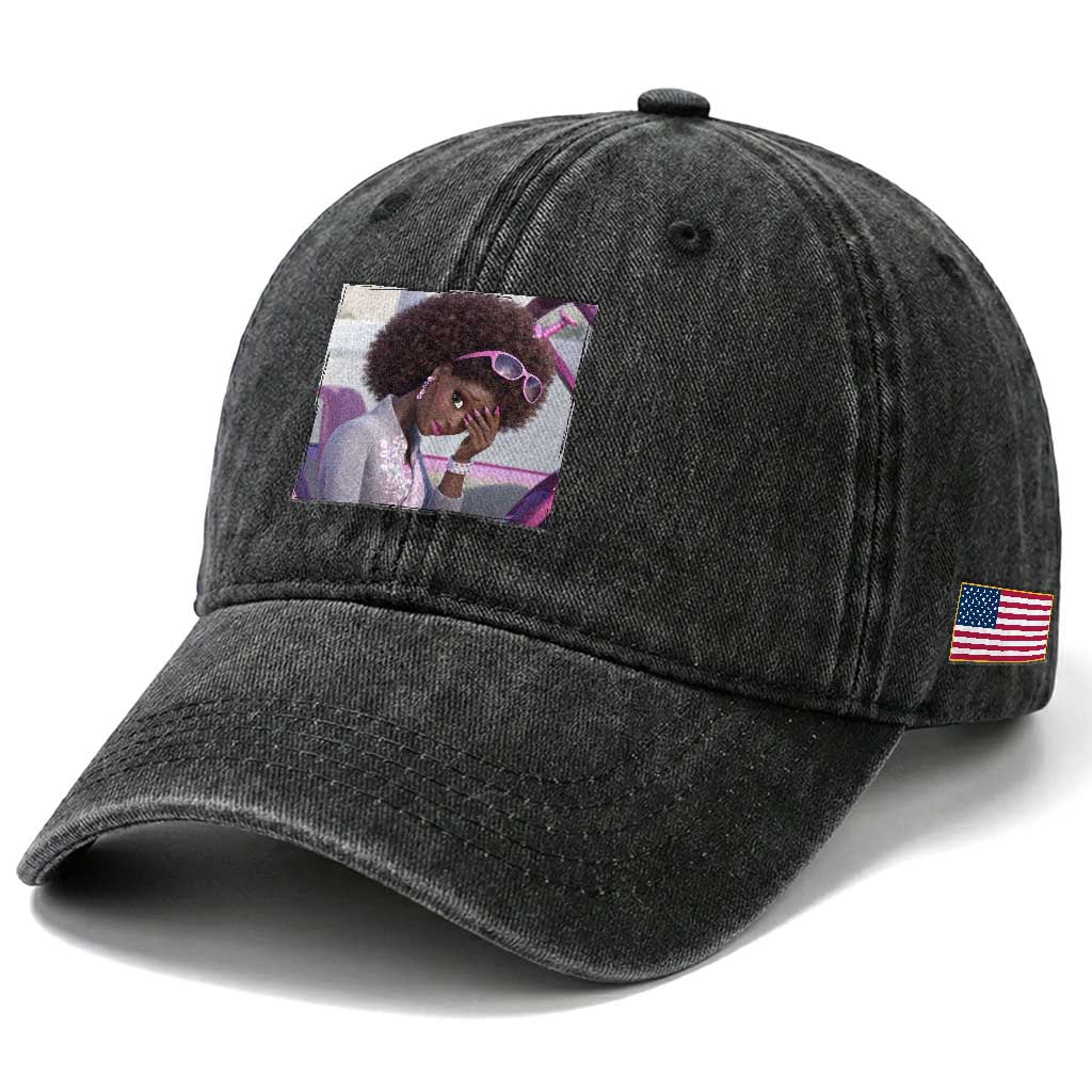 Disgusted Black Doll Meme Washed Cotton Baseball Cap Funny Sassy Reaction Afro Girl With Attitude