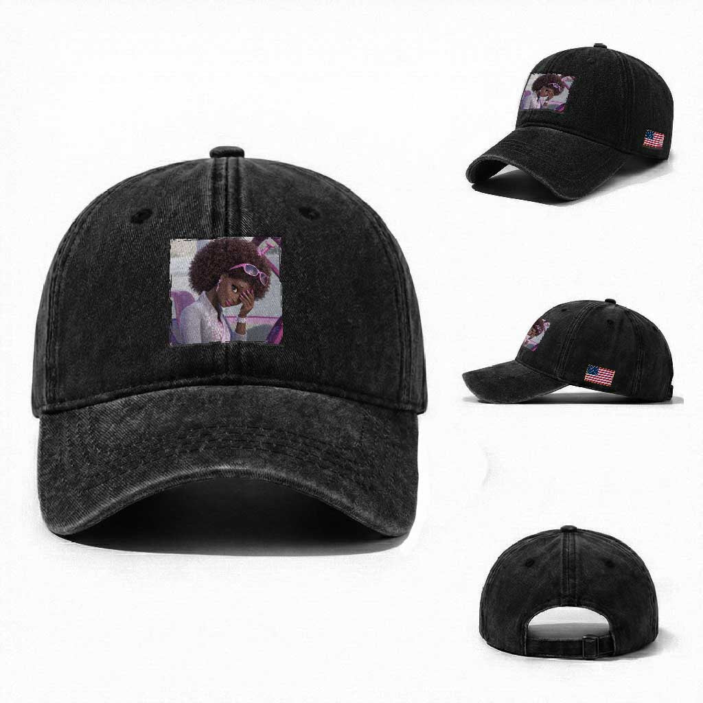 Disgusted Black Doll Meme Washed Cotton Baseball Cap Funny Sassy Reaction Afro Girl With Attitude