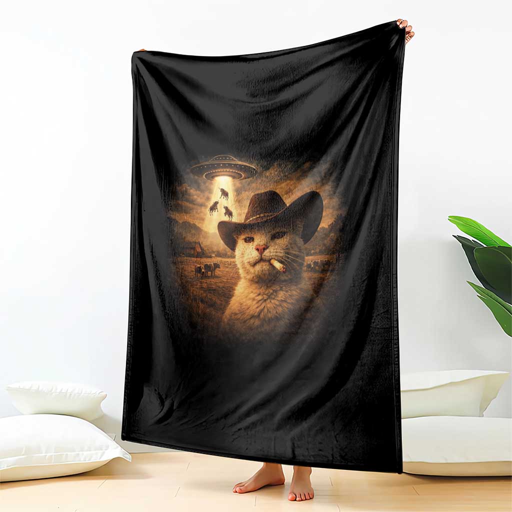 Funny Cowboy Cat UFO Throw Blanket Retro Western Rodeo Meme Cats Lover Gift