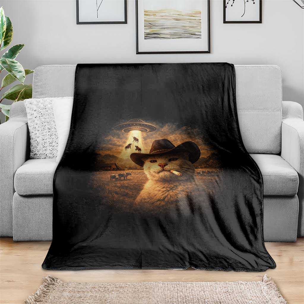Funny Cowboy Cat UFO Throw Blanket Retro Western Rodeo Meme Cats Lover Gift
