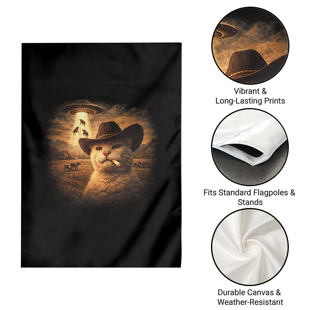 Funny Cowboy Cat UFO Garden Flag Retro Western Rodeo Meme Cats Lover Gift