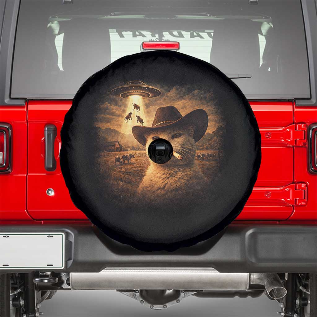Funny Cowboy Cat UFO Spare Tire Cover Retro Western Rodeo Meme Cats Lover Gift