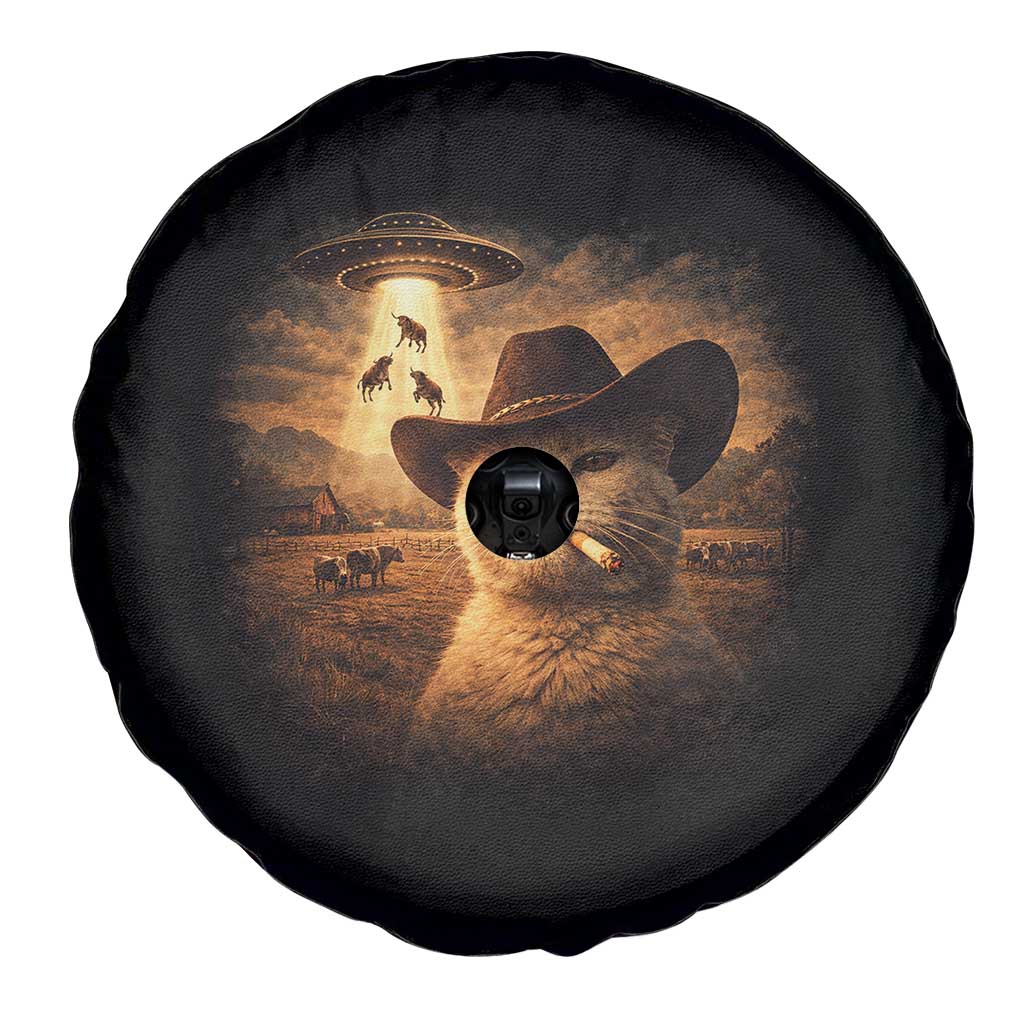 Funny Cowboy Cat UFO Spare Tire Cover Retro Western Rodeo Meme Cats Lover Gift