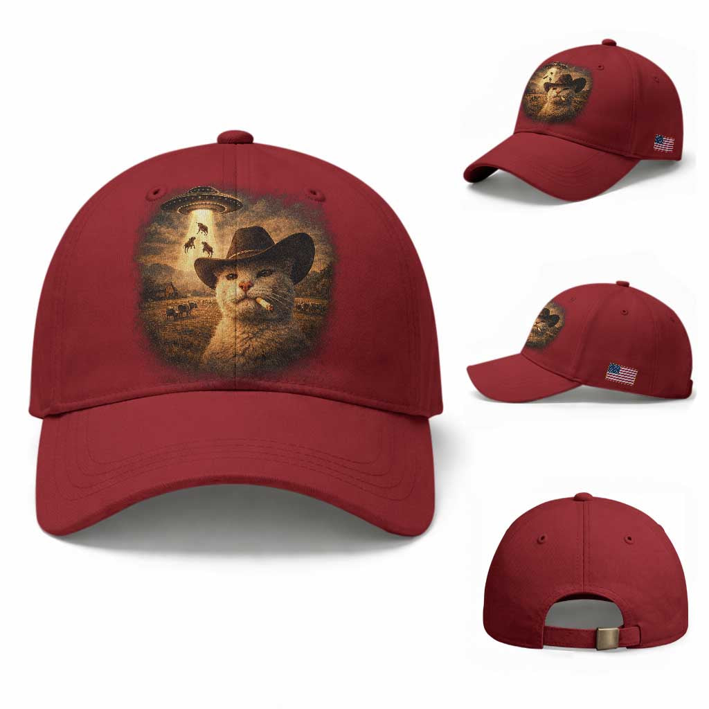 Funny Cowboy Cat UFO Baseball Cap Retro Western Rodeo Meme Cats Lover Gift