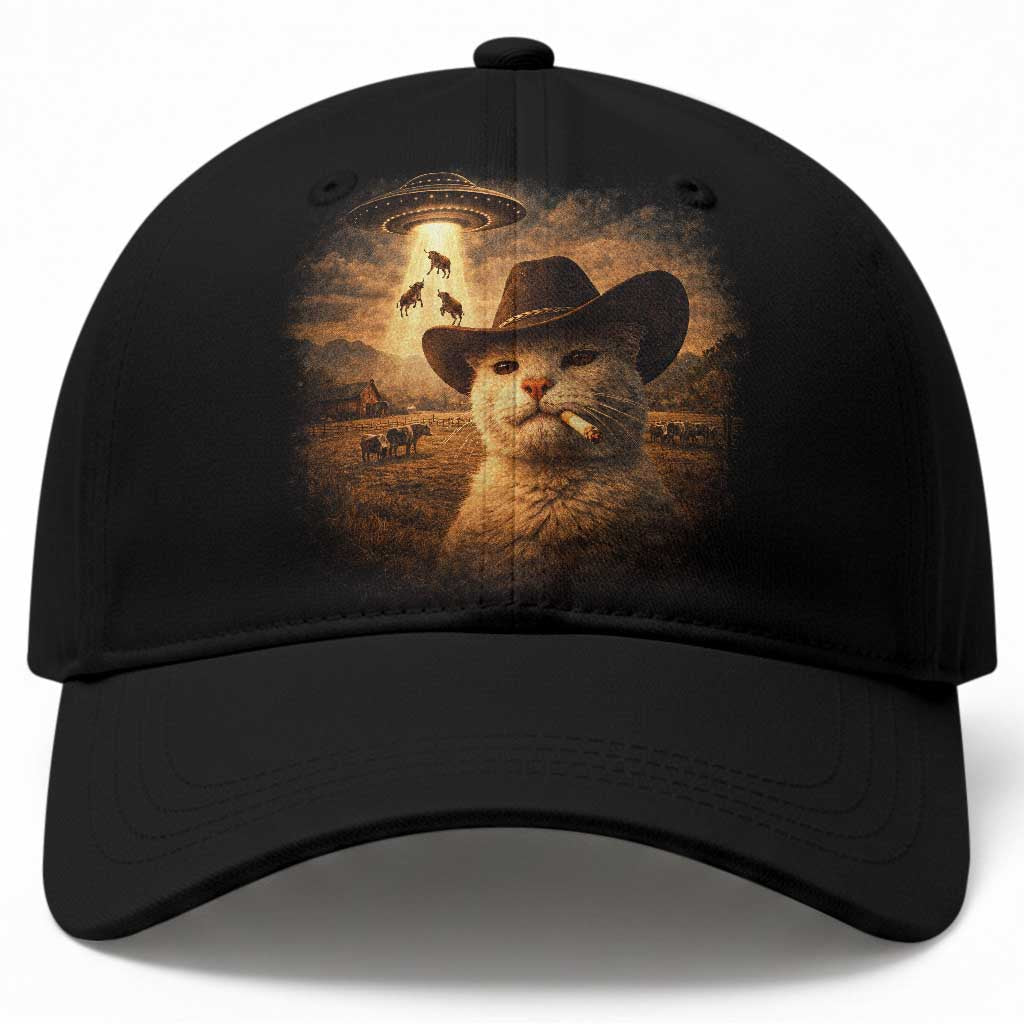 Funny Cowboy Cat UFO Baseball Cap Retro Western Rodeo Meme Cats Lover Gift