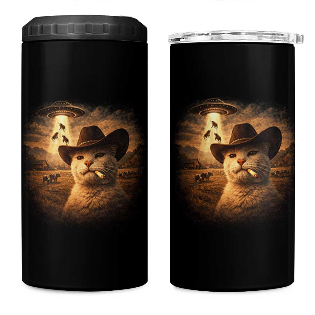 Funny Cowboy Cat UFO 4 in 1 Can Cooler Tumbler Retro Western Rodeo Meme Cats Lover Gift