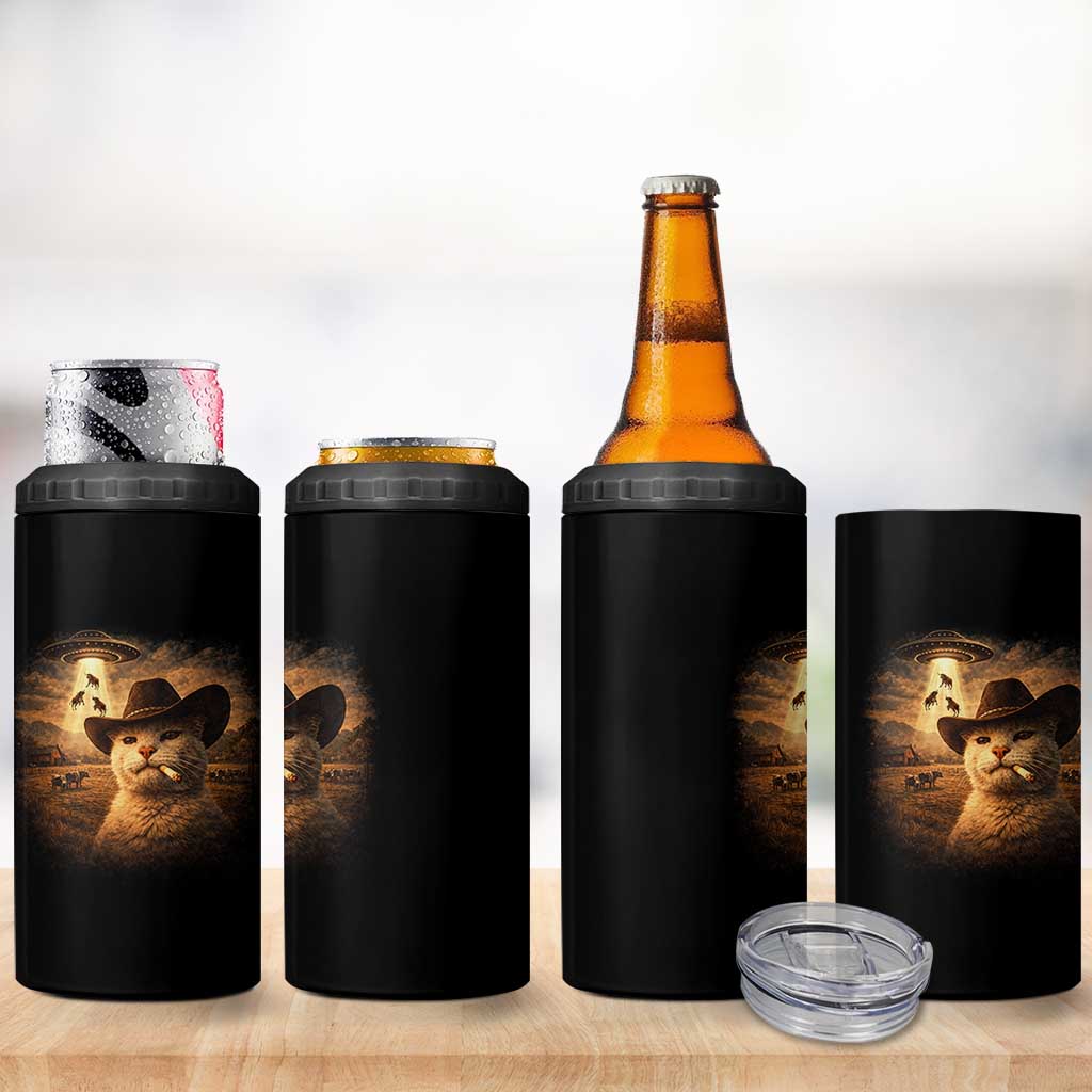 Funny Cowboy Cat UFO 4 in 1 Can Cooler Tumbler Retro Western Rodeo Meme Cats Lover Gift