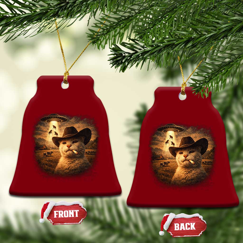 Funny Cowboy Cat UFO Ceramic Ornament Retro Western Rodeo Meme Cats Lover Gift