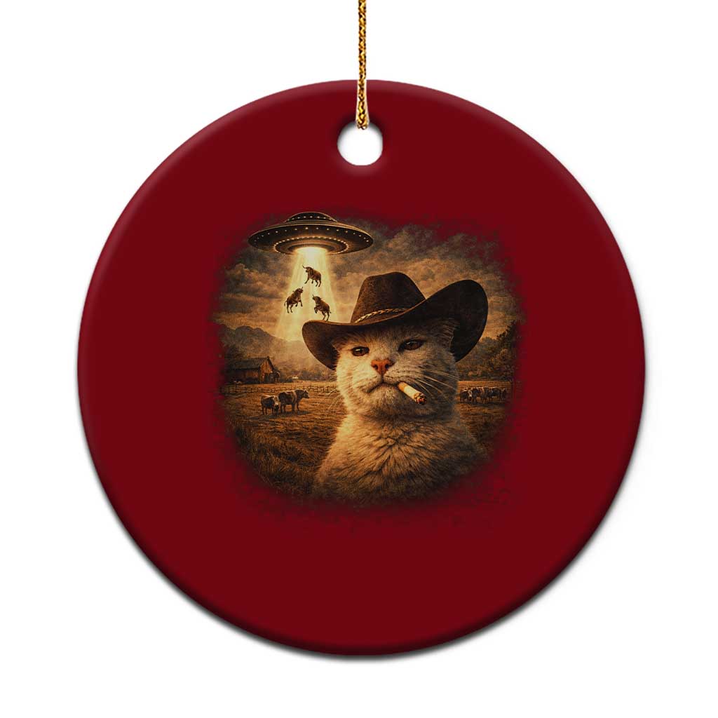 Funny Cowboy Cat UFO Ceramic Ornament Retro Western Rodeo Meme Cats Lover Gift
