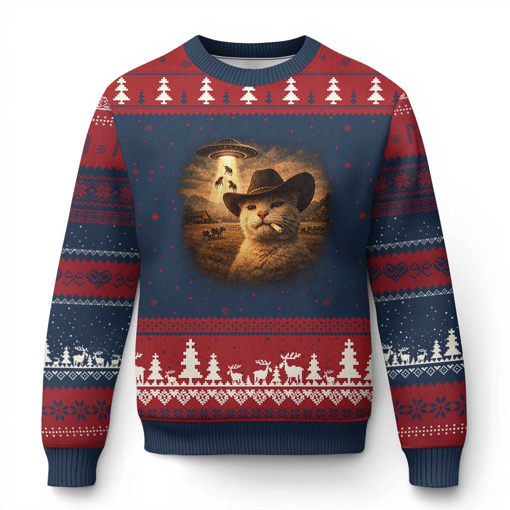 Funny Cowboy Cat UFO Ugly Christmas Sweater Retro Western Rodeo Meme Cats Lover Gift
