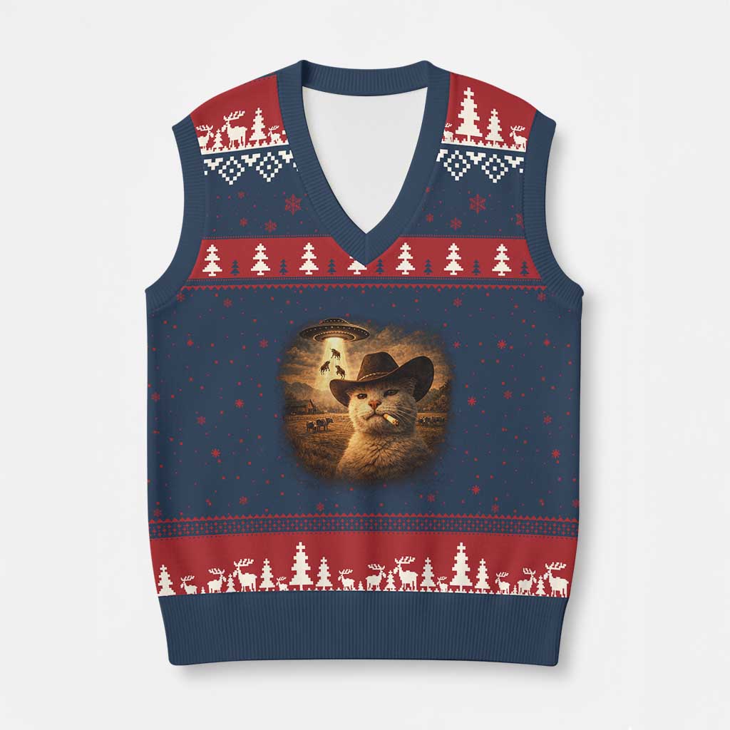 Funny Cowboy Cat UFO V-Neck Knit Sweater Vest Retro Western Rodeo Meme Cats Lover Gift