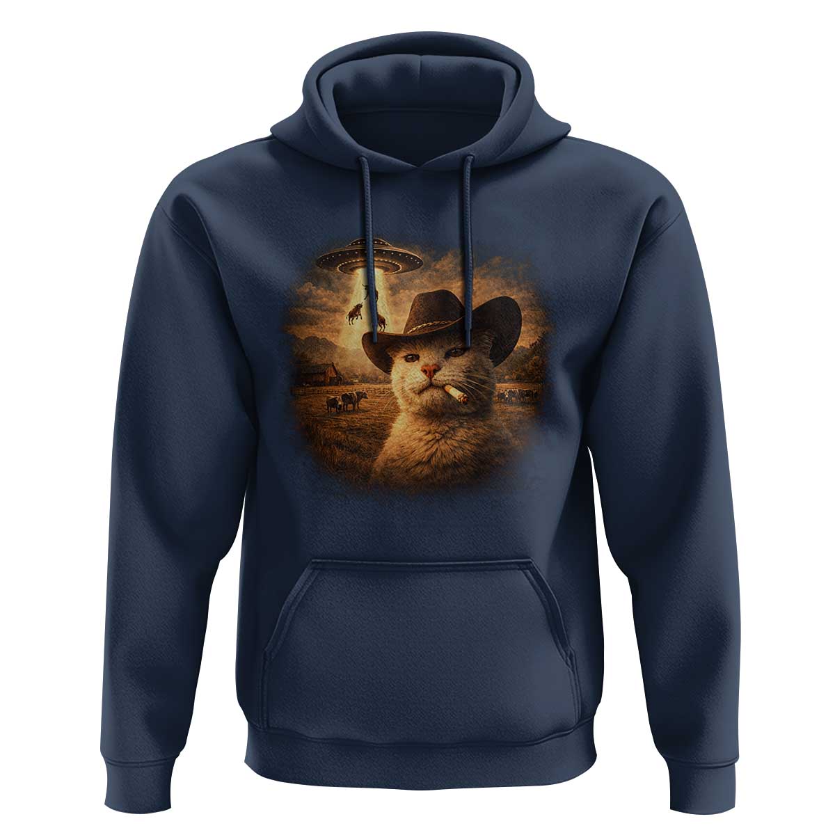 Funny Cowboy Cat UFO Hoodie Retro Western Rodeo Meme Cats Lover Gift